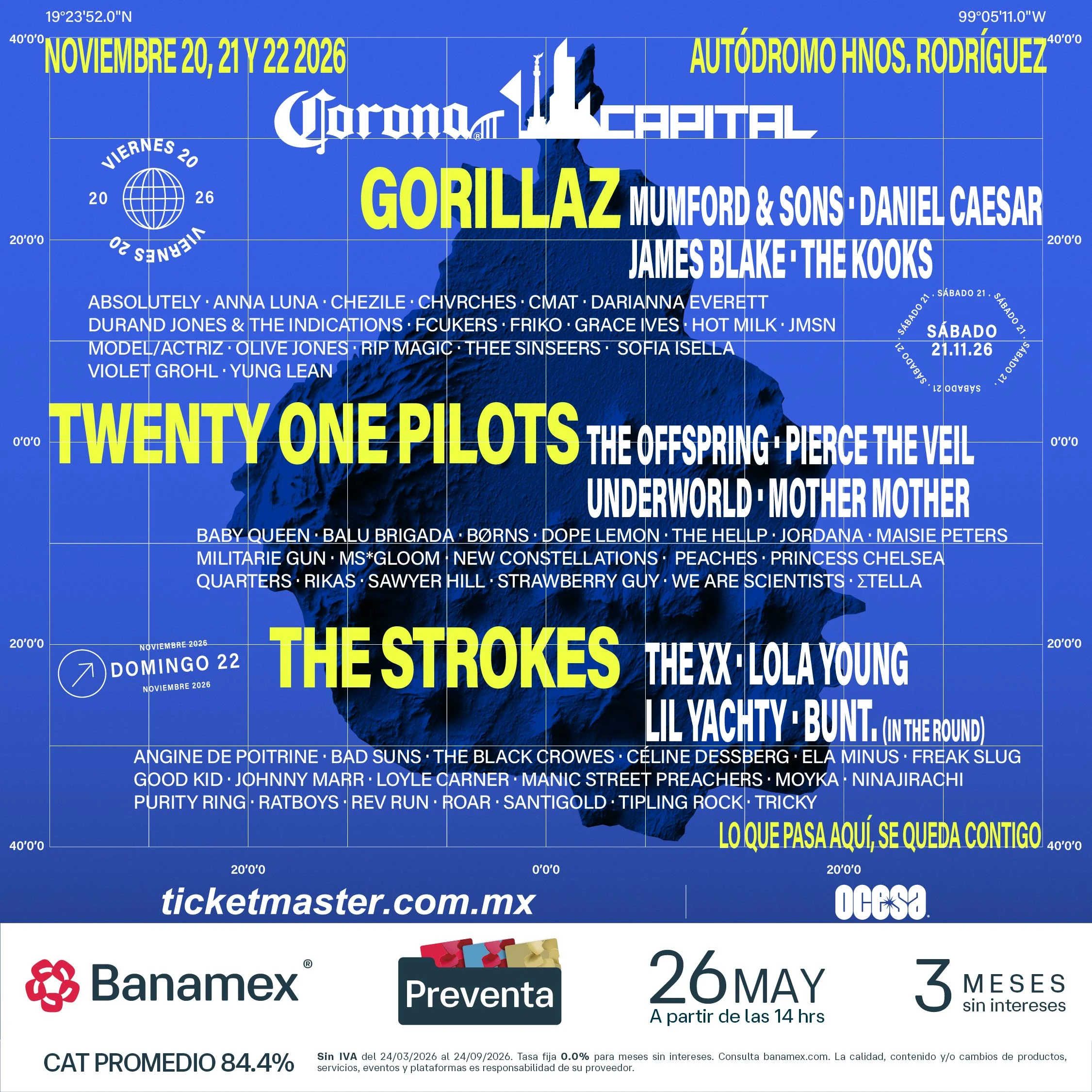 Corona Capital 2026 revela cartel con Gorillaz, Twenty One Pilots y The Strokes